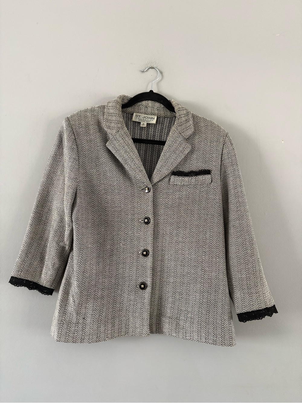 St. John Cream and Black Herringbone Blazer
